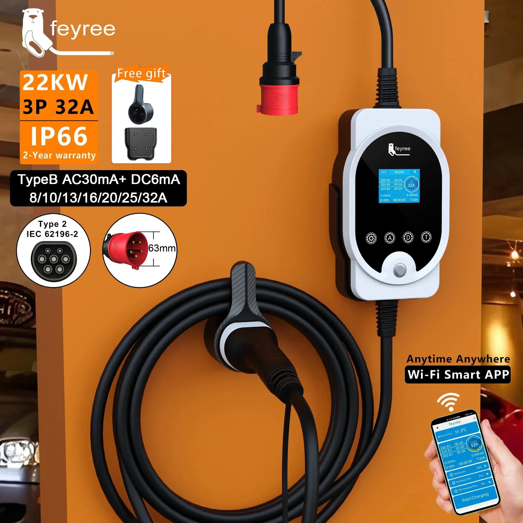 Feyree 22KW Type2 Cable EVSE W - Ev Charger Type 2 22Kw 32A 3 Phase recension och pris