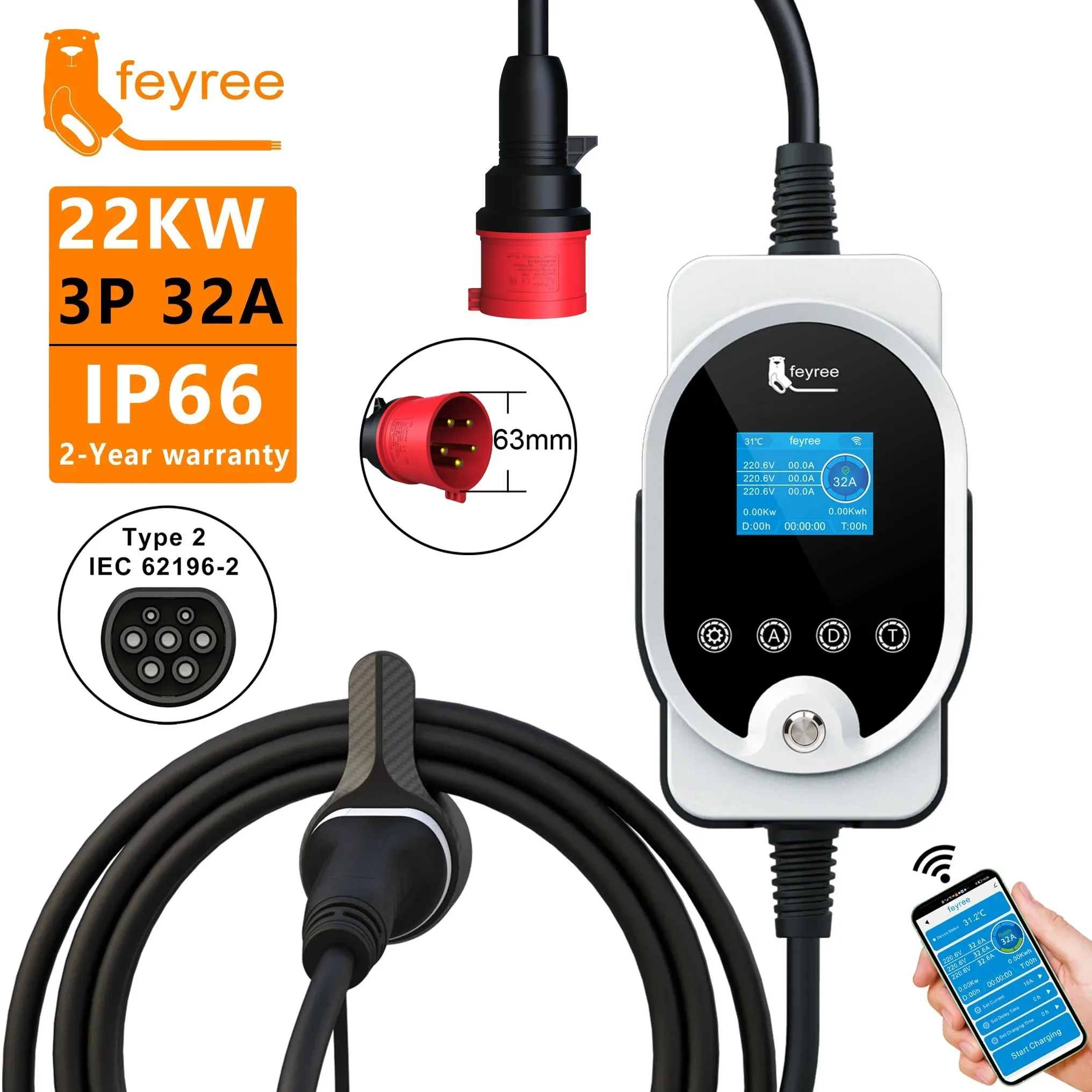 Feyree 22KW Type2 Cable EVSE W - Ev Charger Type 2 22Kw 32A 3 Phase recension och pris
