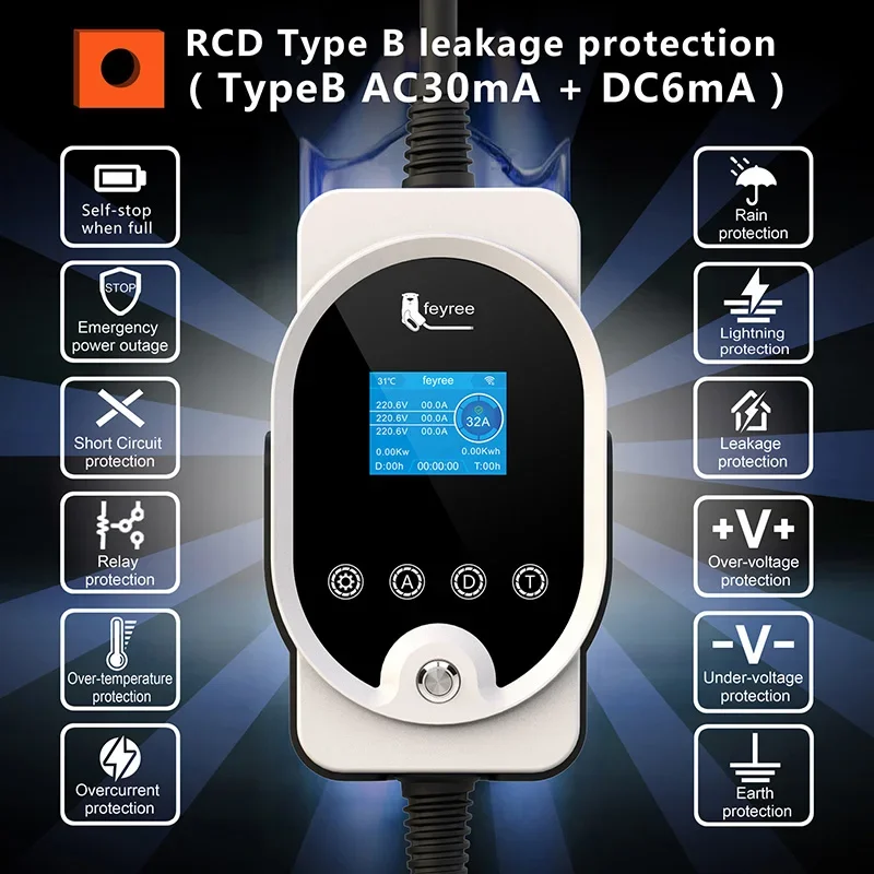 Feyree 22KW Type2 Cable EVSE W - Ev Charger Type 2 22Kw 32A 3 Phase recension och pris